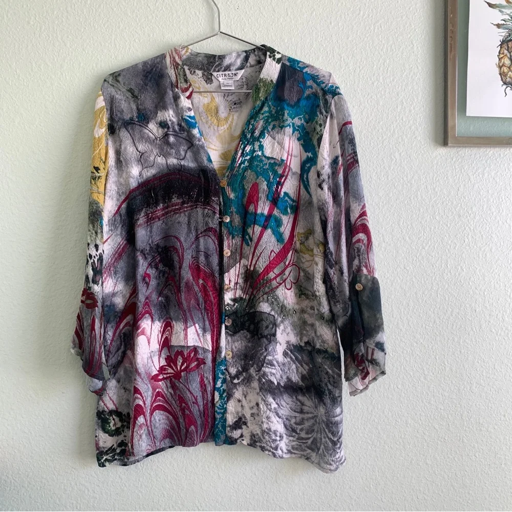 CITRON Santa Monica watercolor print blouse button up top silk XL shirt abstract - Picture 2 of 9